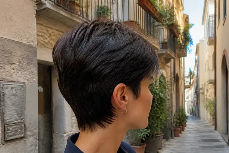 Donna con capelli corti scalati cammina in una stretta via di città storica