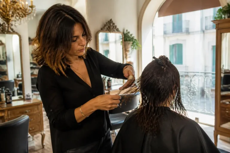 Donna in salone di bellezza riceve taglio capelli scalati da una parrucchiera esperta.