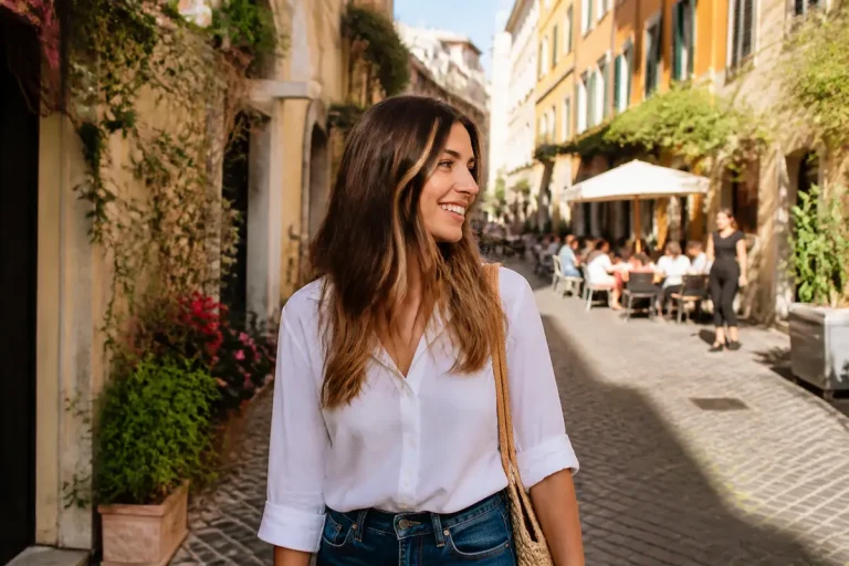 Donna sorridente cammina in strada pittoresca con colore capelli castani e camicia bianca