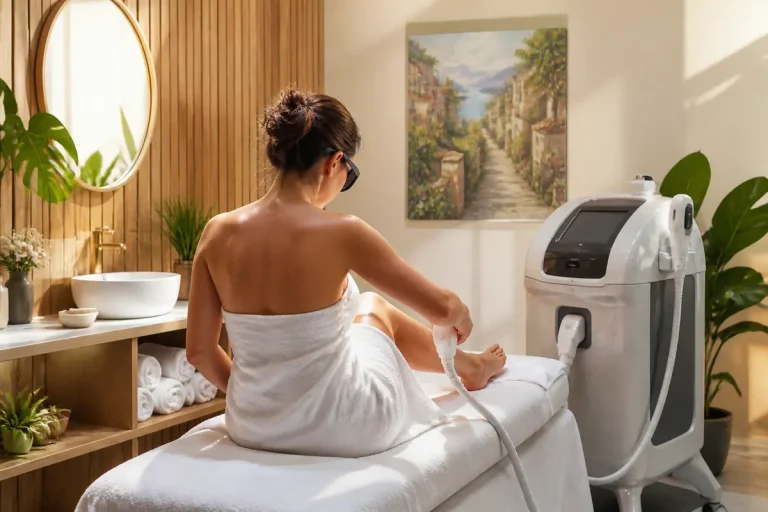Donna riceve trattamento di depilazione a luce pulsata in un moderno centro estetico elegante