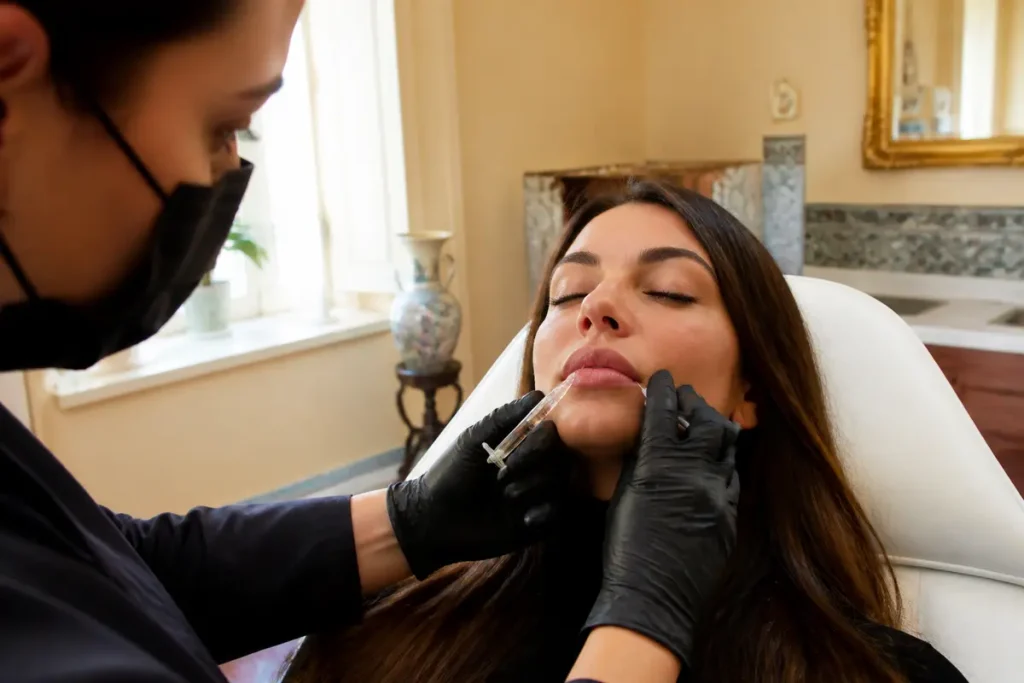 Operatore sanitario applica filler alle labbra di una donna in clinica estetica.