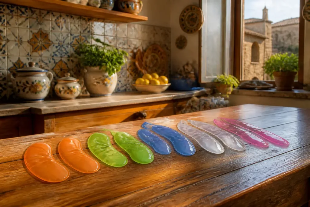 Maschere contorno occhi colorate disposte su tavolo di legno in cucina rustica luminosa