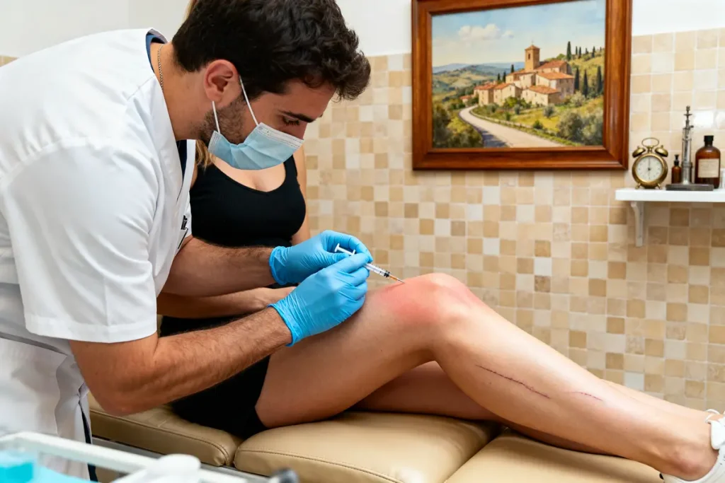 Medico esegue un trattamento di mesoterapia per la cellulite su una gamba femminile.