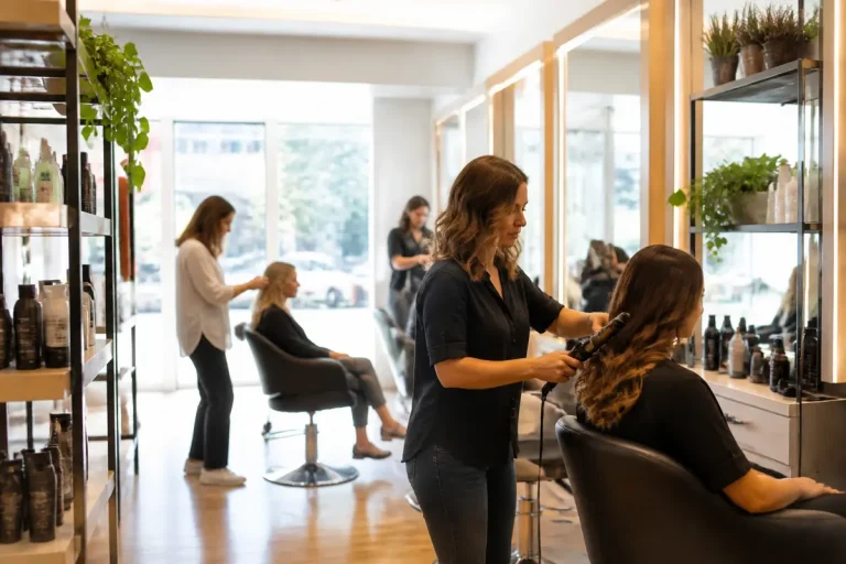 Acconciatrici all'opera in eleganti saloni di bellezza con clienti seduti su poltrone moderne