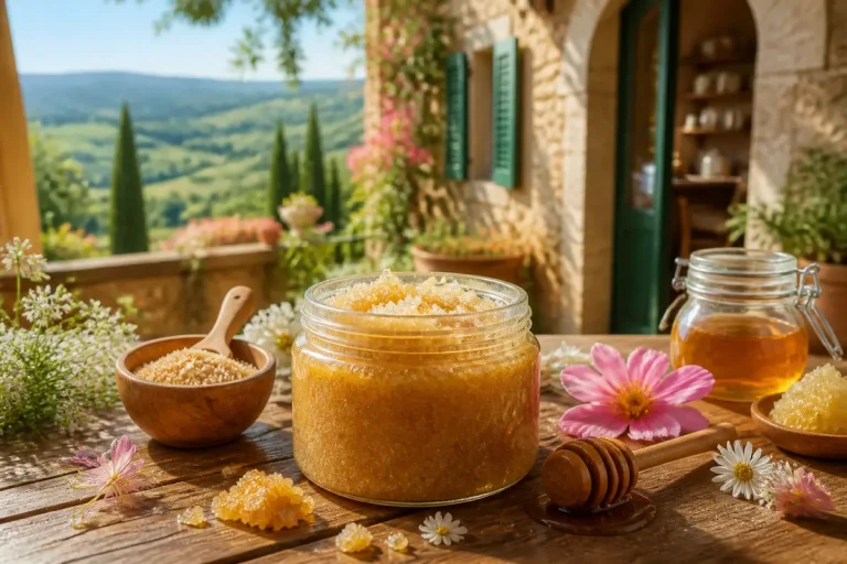 Vasetto di scrub per viso fatto in casa con zucchero e miele su tavolo rustico