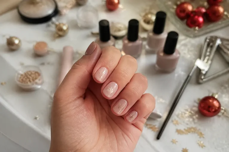 Manicure festiva con unghie corte natalizie, dettagli dorati e sfondo decorato.